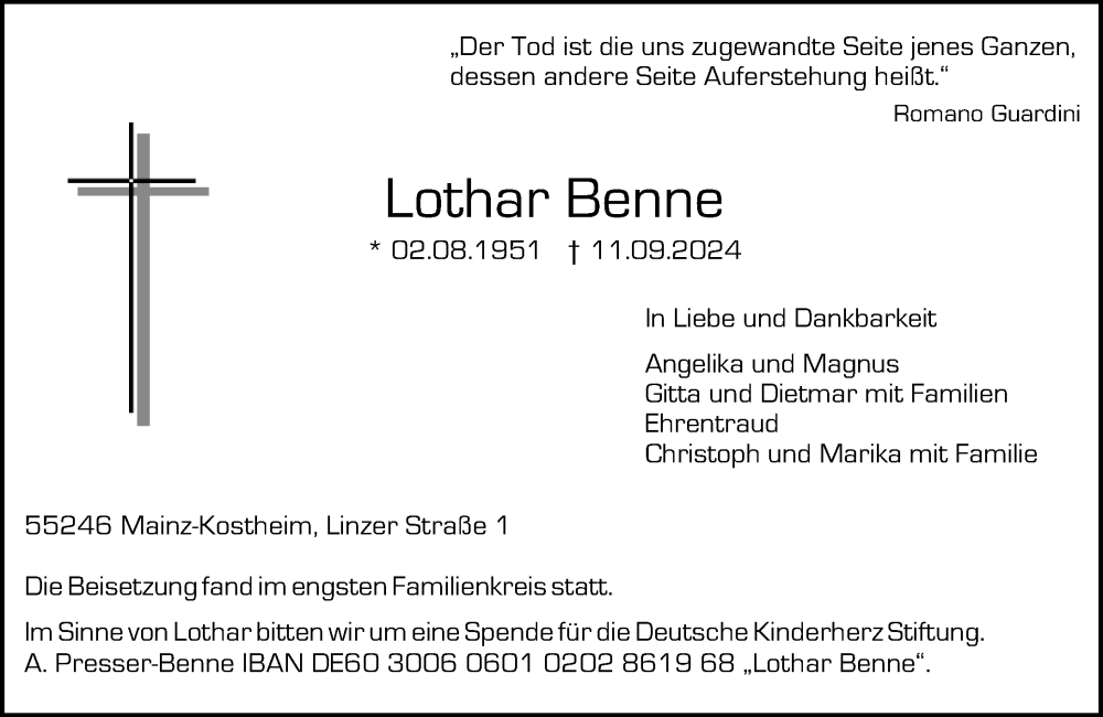  Traueranzeige für Lothar Benne vom 28.09.2024 aus Allgemeine Zeitung Mainz
