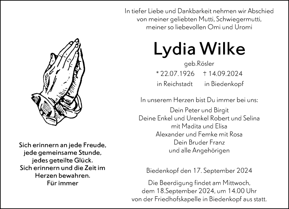  Traueranzeige für Lydia Wilke vom 17.09.2024 aus Hinterländer Anzeiger