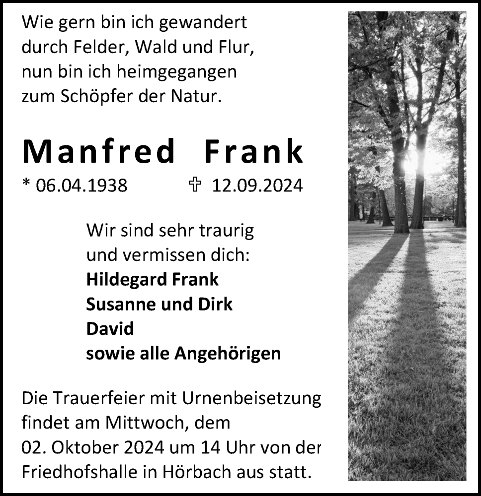  Traueranzeige für Manfred Frank vom 28.09.2024 aus Dill Block