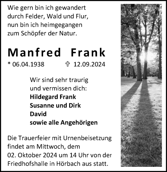 Traueranzeige von Manfred Frank von Dill Block