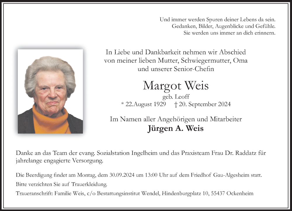  Traueranzeige für Margot Weis vom 28.09.2024 aus Allgemeine Zeitung Rheinhessen-Nahe
