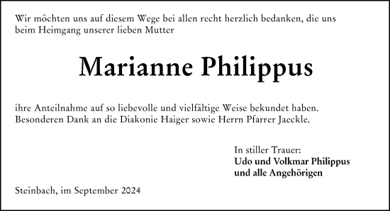 Traueranzeige von Marianne Philippus von Dill Block