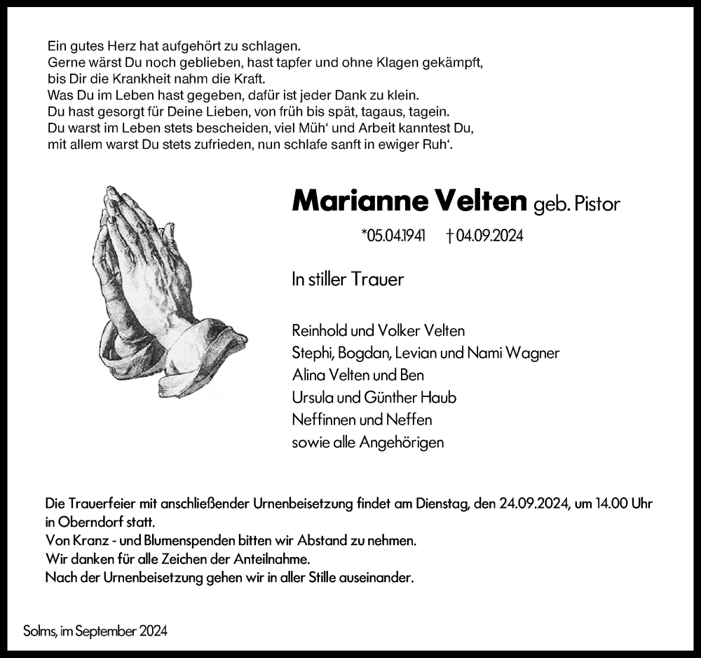  Traueranzeige für Marianne Velten vom 20.09.2024 aus Wetzlarer Neue Zeitung