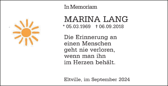 Traueranzeige von Marina Lang von Rheingau Kurier