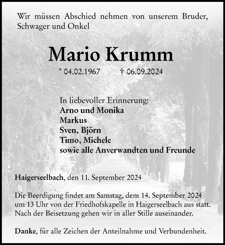  Traueranzeige für Mario Krumm vom 11.09.2024 aus Dill Block