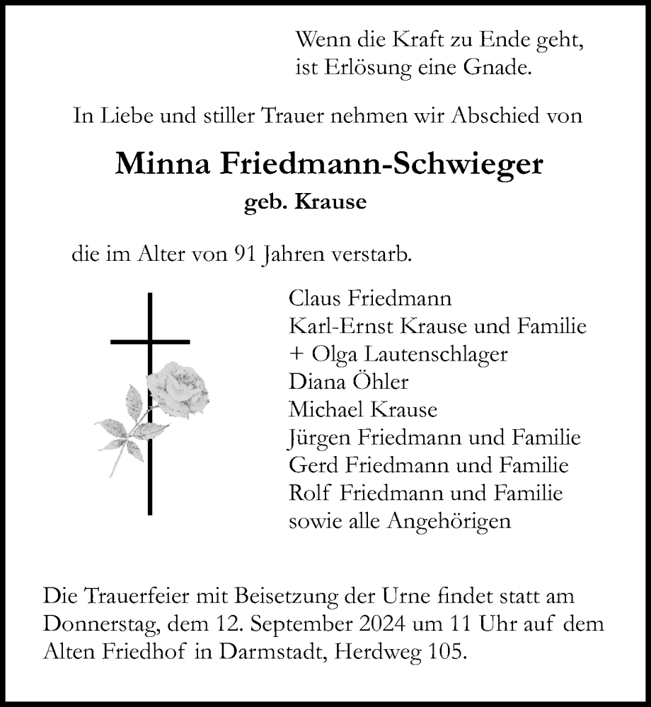  Traueranzeige für Minna Friedmann-Schwieger vom 07.09.2024 aus Darmstädter Echo