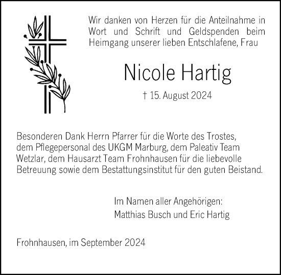 Traueranzeige von Nicole Hartig von Dill Block