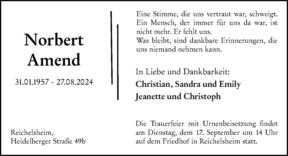  Traueranzeige für Norbert Amend vom 14.09.2024 aus Odenwälder Echo