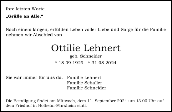 Traueranzeige von Ottilie Lehnert von Nassauische Neue Presse