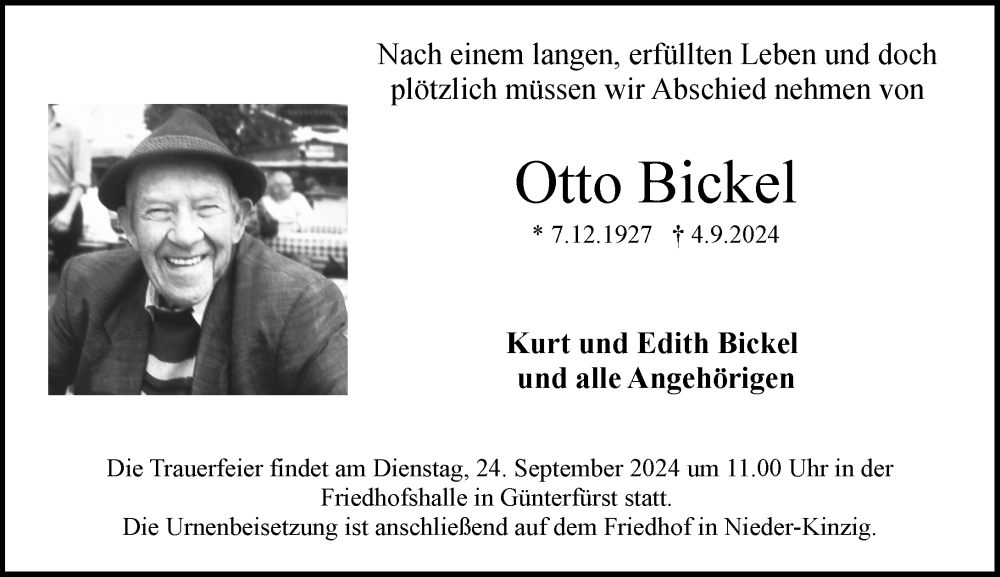  Traueranzeige für Otto Bickel vom 21.09.2024 aus Odenwälder Echo