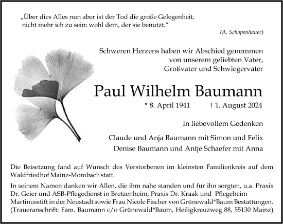 Traueranzeige von Paul Wilhelm Baumann von Allgemeine Zeitung Mainz