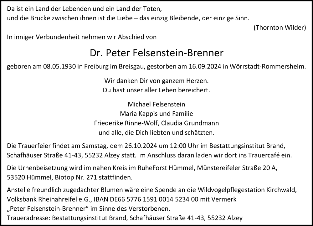  Traueranzeige für Peter Felsenstein-Brenner vom 28.09.2024 aus Allgemeine Zeitung Alzey