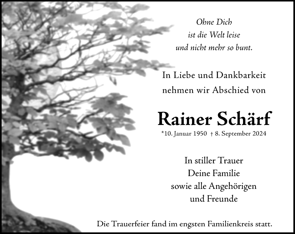  Traueranzeige für Rainer Schärf vom 26.09.2024 aus Wormser Zeitung