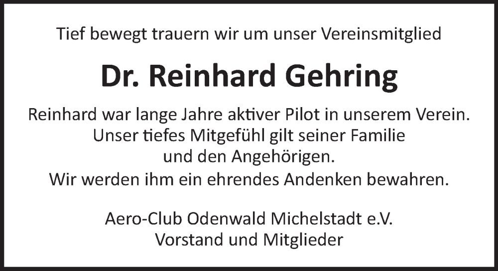  Traueranzeige für Reinhard Gehring vom 07.09.2024 aus Odenwälder Echo