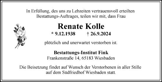 Traueranzeige von Renate Kolle von Wiesbadener Kurier