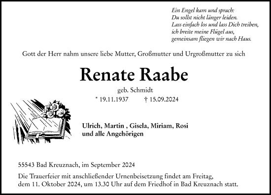 Traueranzeige von Renate Raabe von Allgemeine Zeitung Rheinhessen-Nahe