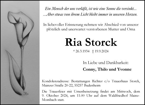 Traueranzeige von Ria Storck von Allgemeine Zeitung Mainz
