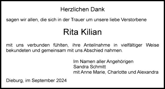 Traueranzeige von Rita Kilian von Dieburger Anzeiger/Groß-Zimmerner Lokal-Anzeiger