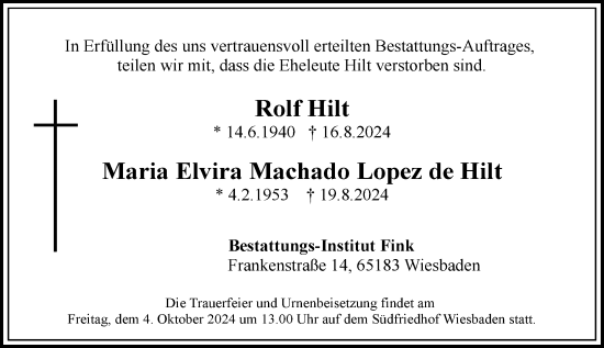 Traueranzeige von Rolf Hilt von Wiesbadener Kurier