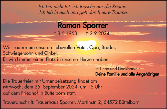 Traueranzeige von Roman Sporrer von Groß-Gerauer Echo