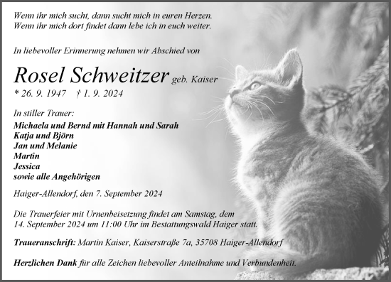 Traueranzeige von Rosel Schweitzer von Dill Block