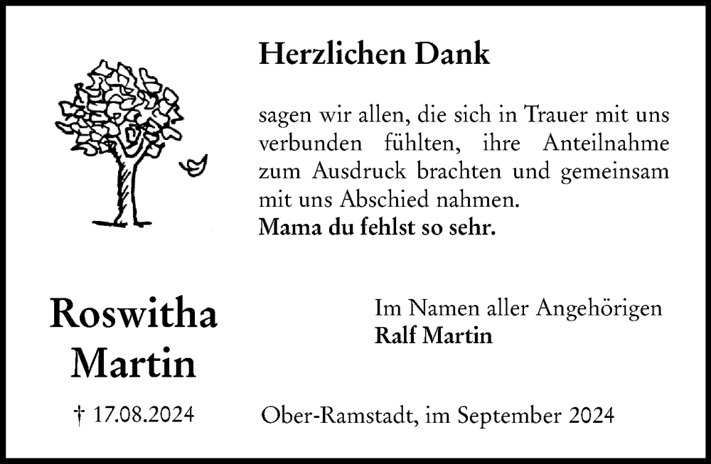  Traueranzeige für Roswitha Martin vom 21.09.2024 aus Darmstädter Echo