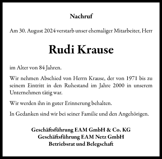 Traueranzeige von Rudi Krause von Weilburger Tageblatt