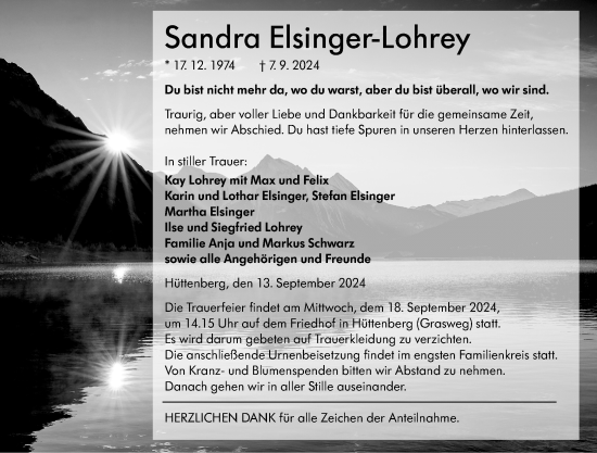 Traueranzeige von Sandra Elsinger-Lohrey von Wetzlarer Neue Zeitung