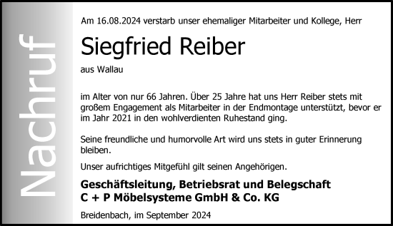 Traueranzeige von Siegfried Reiber von Hinterländer Anzeiger