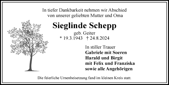 Traueranzeige von Sieglinde Schepp von Wiesbadener Kurier