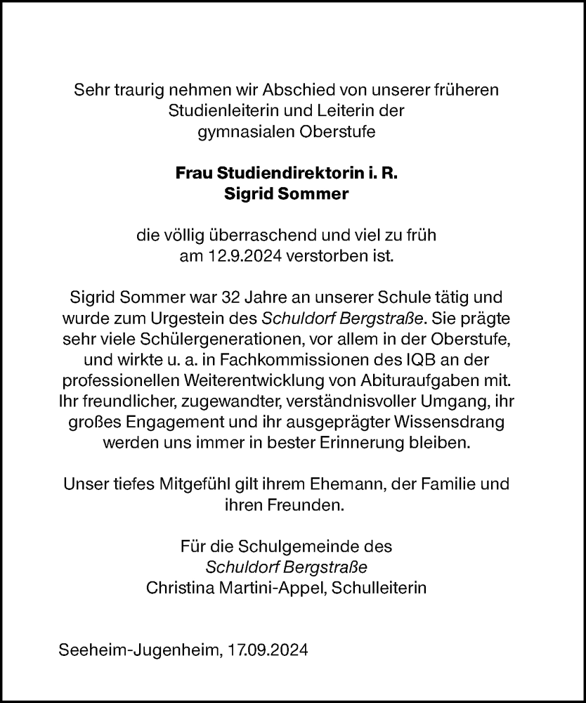  Traueranzeige für Sigrid Sommer vom 21.09.2024 aus Darmstädter Echo