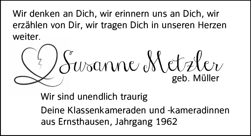  Traueranzeige für Susanne Metzler vom 20.09.2024 aus Weilburger Tageblatt