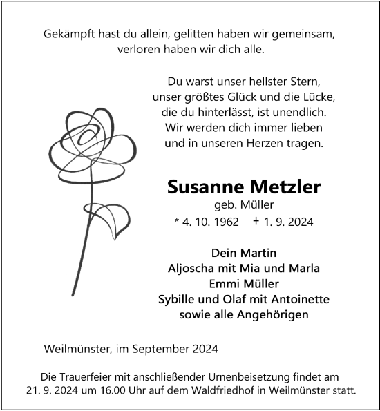 Traueranzeige von Susanne Metzler von Weilburger Tageblatt
