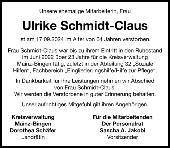 Traueranzeige von Ulrike Schmidt-Claus von Allgemeine Zeitung Rheinhessen-Nahe
