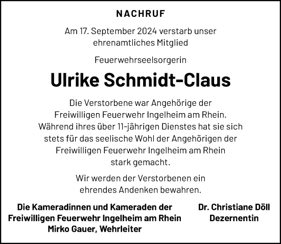 Traueranzeige von Ulrike Schmidt-Claus von Allgemeine Zeitung Rheinhessen-Nahe
