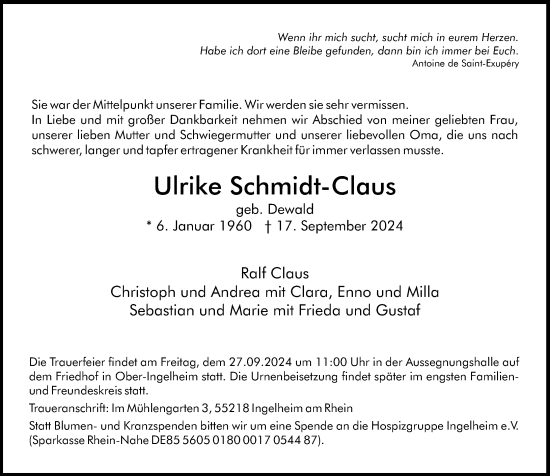 Traueranzeige von Ulrike Schmidt-Claus von Rüsselsheimer Echo
