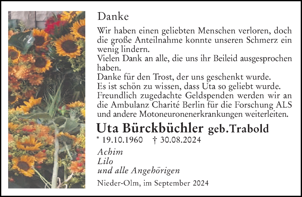  Traueranzeige für Uta Bürckbüchler vom 21.09.2024 aus Allgemeine Zeitung Mainz