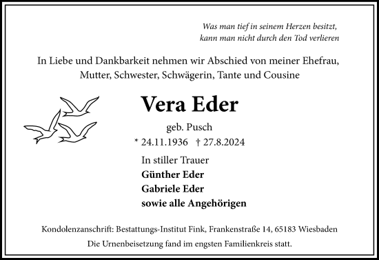 Traueranzeige von Vera Eder von Wiesbadener Kurier