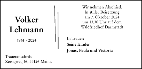Traueranzeige von Volker Lehmann von Allgemeine Zeitung Mainz
