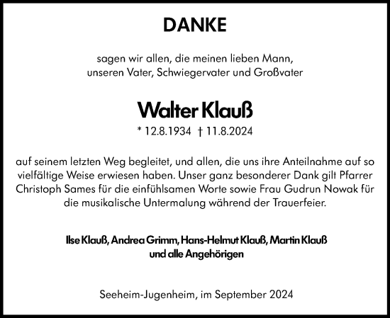 Traueranzeige von Walter Klauß von Darmstädter Echo