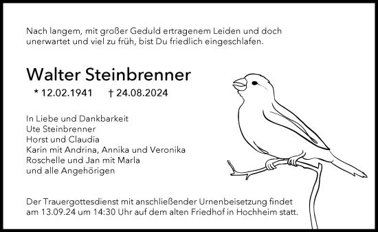 Traueranzeige von Walter Steinbrenner von Hochheimer Zeitung