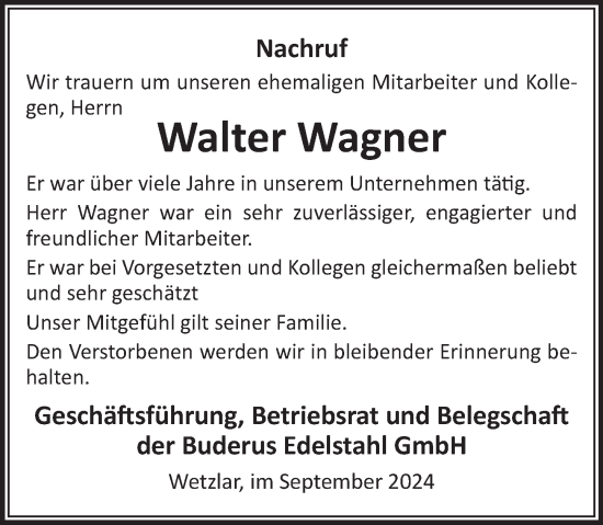 Traueranzeige von Walter Wagner von Wetzlarer Neue Zeitung