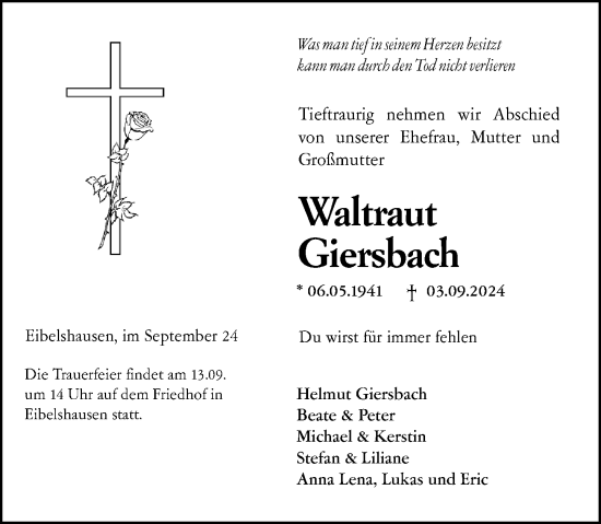 Traueranzeige von Waltraut Giersbach von Hinterländer Anzeiger