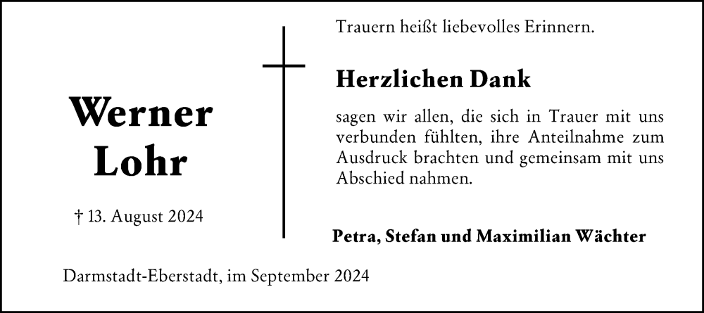  Traueranzeige für Werner Lohr vom 14.09.2024 aus Darmstädter Echo