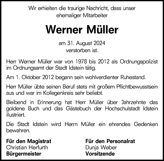 Traueranzeige von Werner Müller von Idsteiner Land/Untertaunus