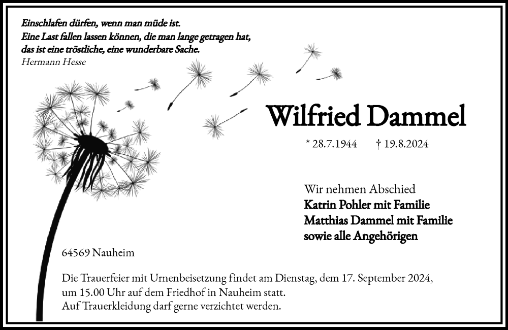  Traueranzeige für Wilfried Dammel vom 14.09.2024 aus Groß-Gerauer Echo