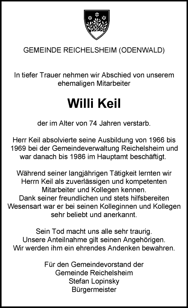  Traueranzeige für Willi Keil vom 07.09.2024 aus Odenwälder Echo