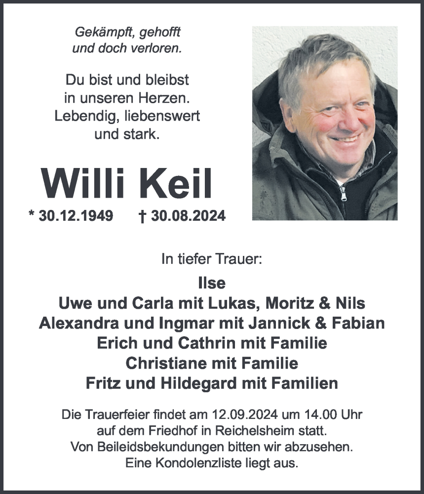  Traueranzeige für Willi Keil vom 07.09.2024 aus Odenwälder Echo
