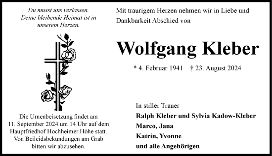 Traueranzeige von Wolfgang Kleber von Wormser Zeitung