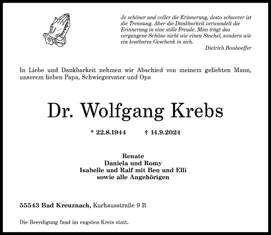 Traueranzeige von Wolfgang Krebs von Allgemeine Zeitung Rheinhessen-Nahe